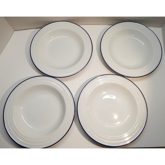 Raffine Sigma Fine Porcelain Soup Bowl Raised Detail Blue Rim Japan Set of 4 - Picture 1 of 10